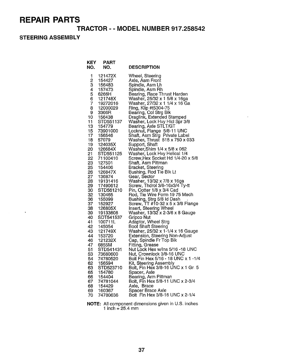 Tractor, Steering assembly, Repair parts | Sears EZ3 917.258542 User Manual | Page 37 / 56