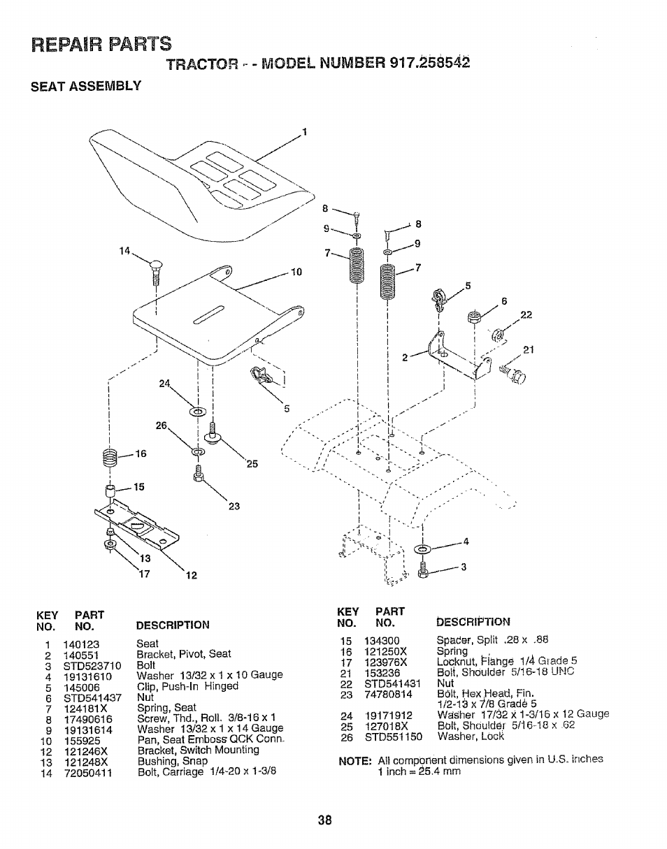 Seat assembly, Repair parts, Waaher | Sears EZ3 917.258542 User Manual | Page 38 / 56