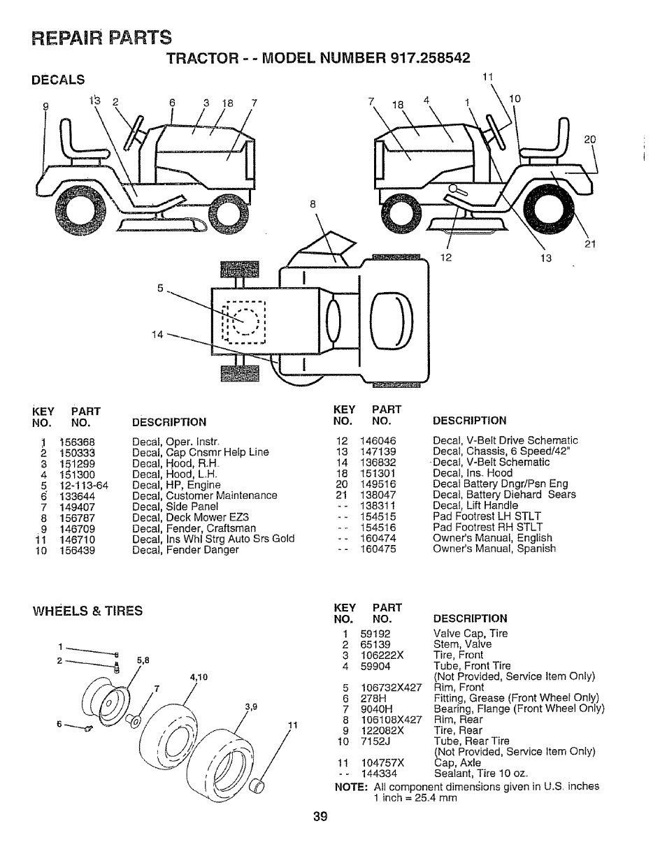 Wheels â tires, Repair parts, Decals | Sears EZ3 917.258542 User Manual | Page 39 / 56