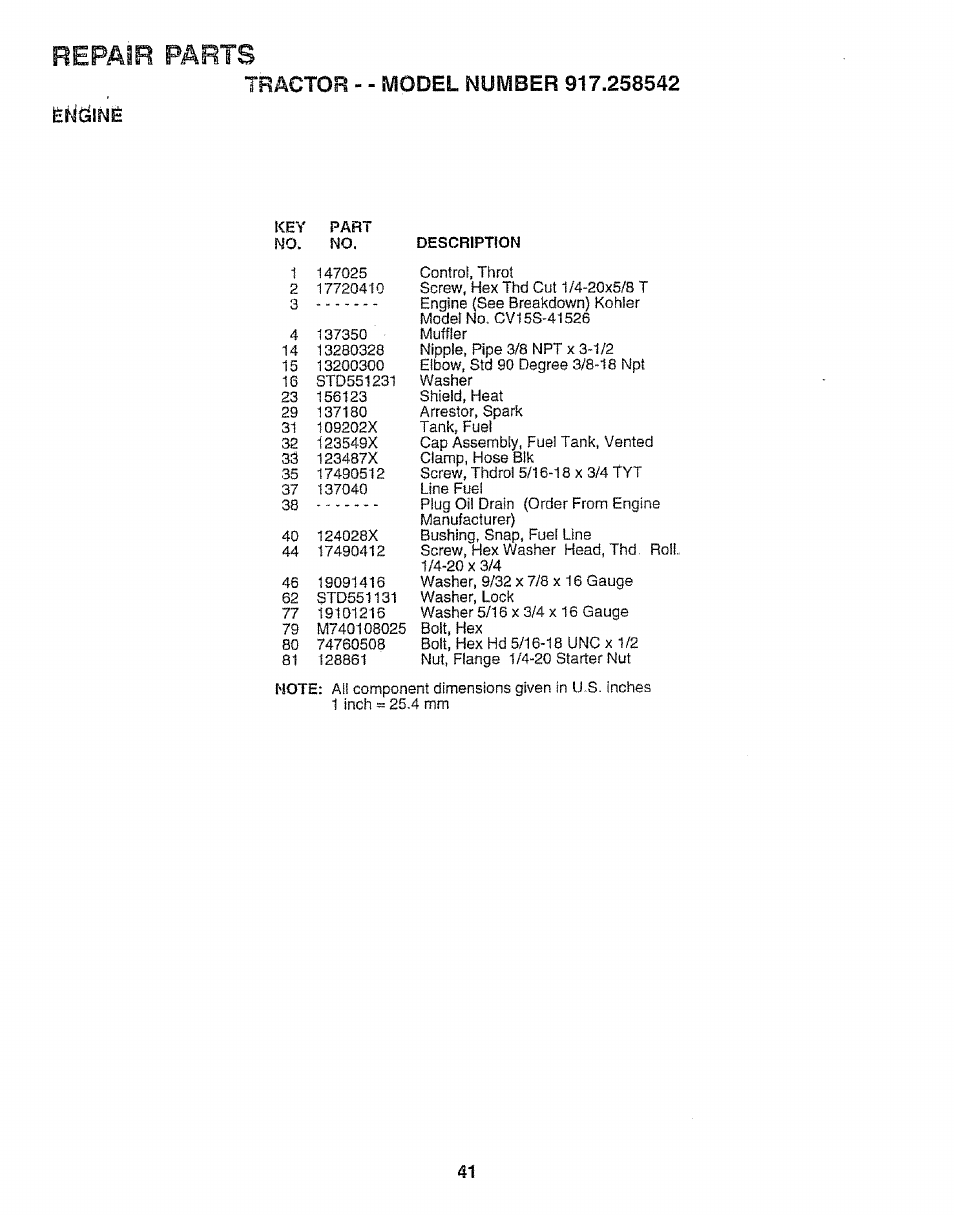 Entílné, Repair parts | Sears EZ3 917.258542 User Manual | Page 41 / 56