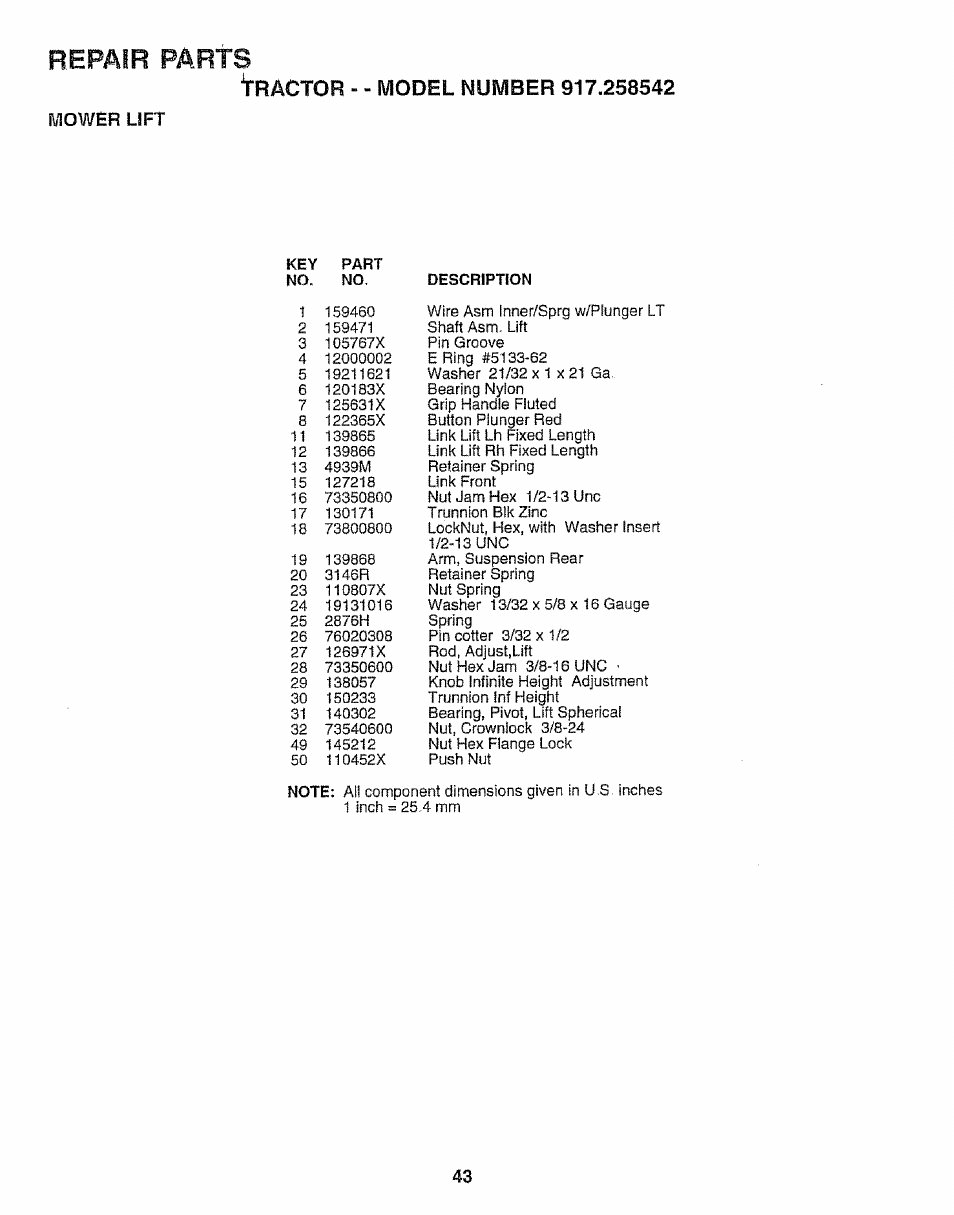 Repair parts | Sears EZ3 917.258542 User Manual | Page 43 / 56