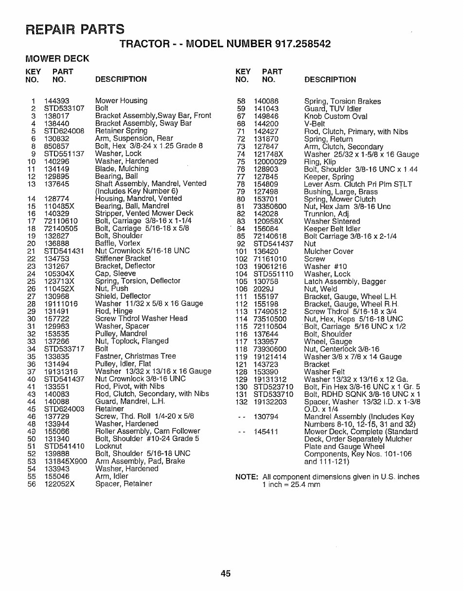 Power deck, Repair parts | Sears EZ3 917.258542 User Manual | Page 45 / 56