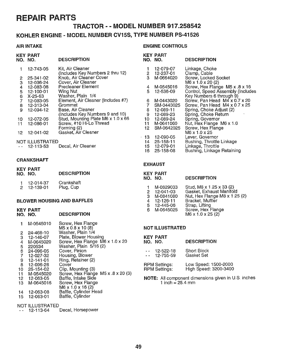 Repair parts | Sears EZ3 917.258542 User Manual | Page 49 / 56