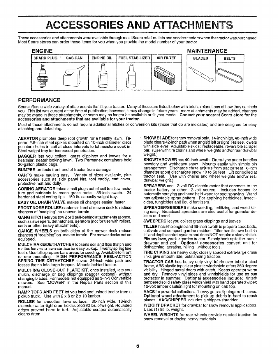 Engine, Maintenance, Performance | Accessories and attachments, Engine maintenance performance | Sears EZ3 917.258542 User Manual | Page 5 / 56