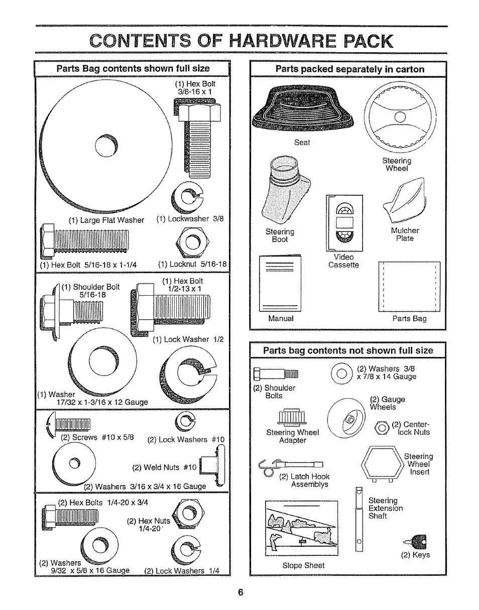 Contents of hardware pack, Parts packed separately in carton, Parts bag contents not shown full size | Sears EZ3 917.258542 User Manual | Page 6 / 56