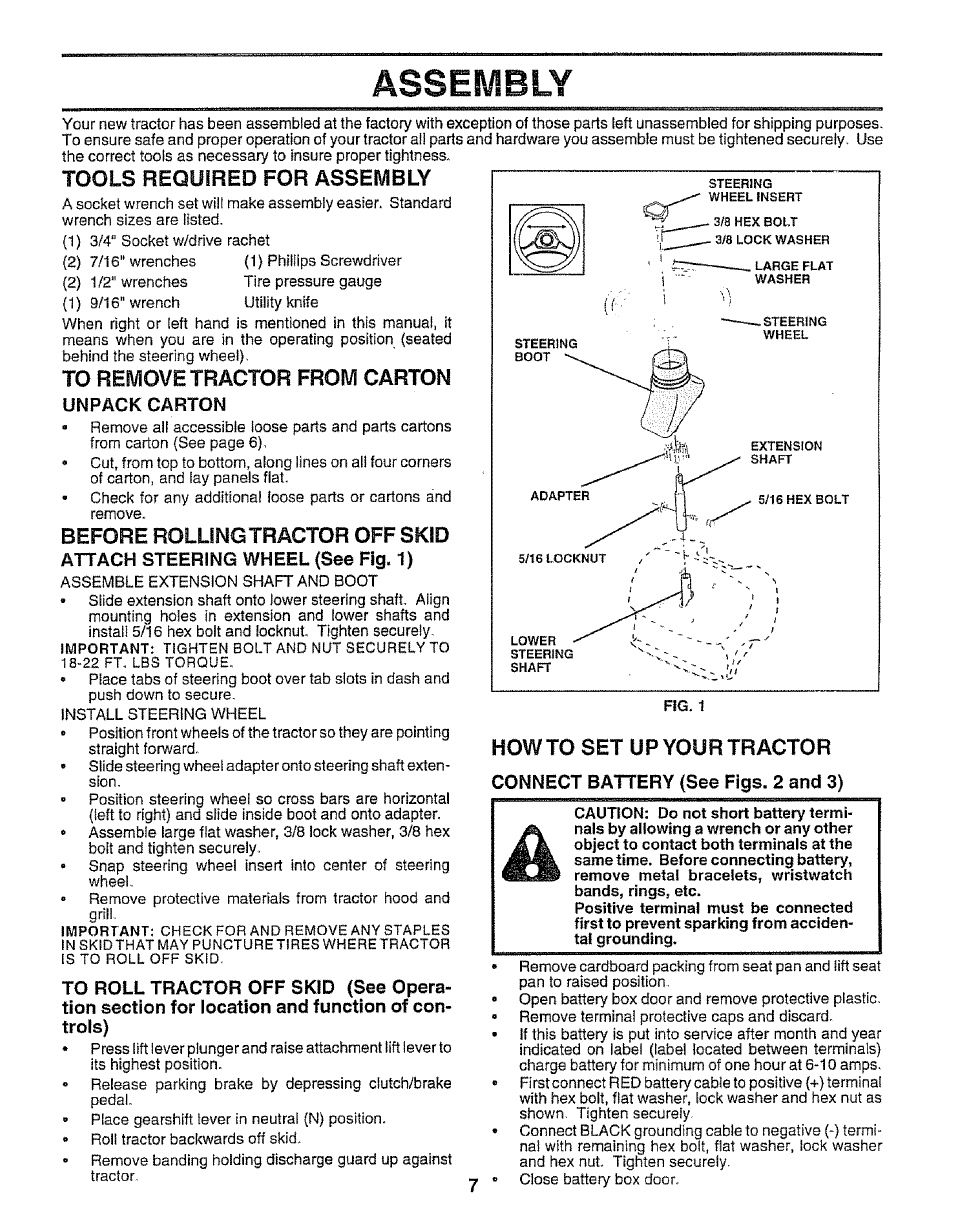 Tools required for assembly, To remove tractor from carton, Unpack carton | Before rollinotractor off skid, Attach steering wheel (see fig. 1), Assembly, Howto set up your tractor | Sears EZ3 917.258542 User Manual | Page 7 / 56