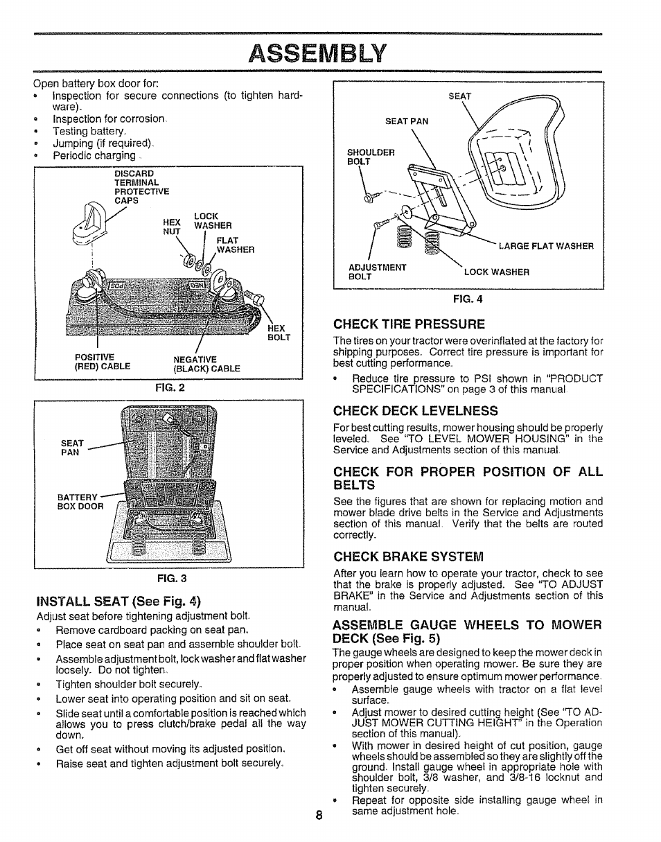 Install seat (see fig. 4), Check tire pressure, Check deck levelness | Check for proper position of all, Check brake system, Assemble gauge wheels to mower deck (see fig. 5), Assembly | Sears EZ3 917.258542 User Manual | Page 8 / 56
