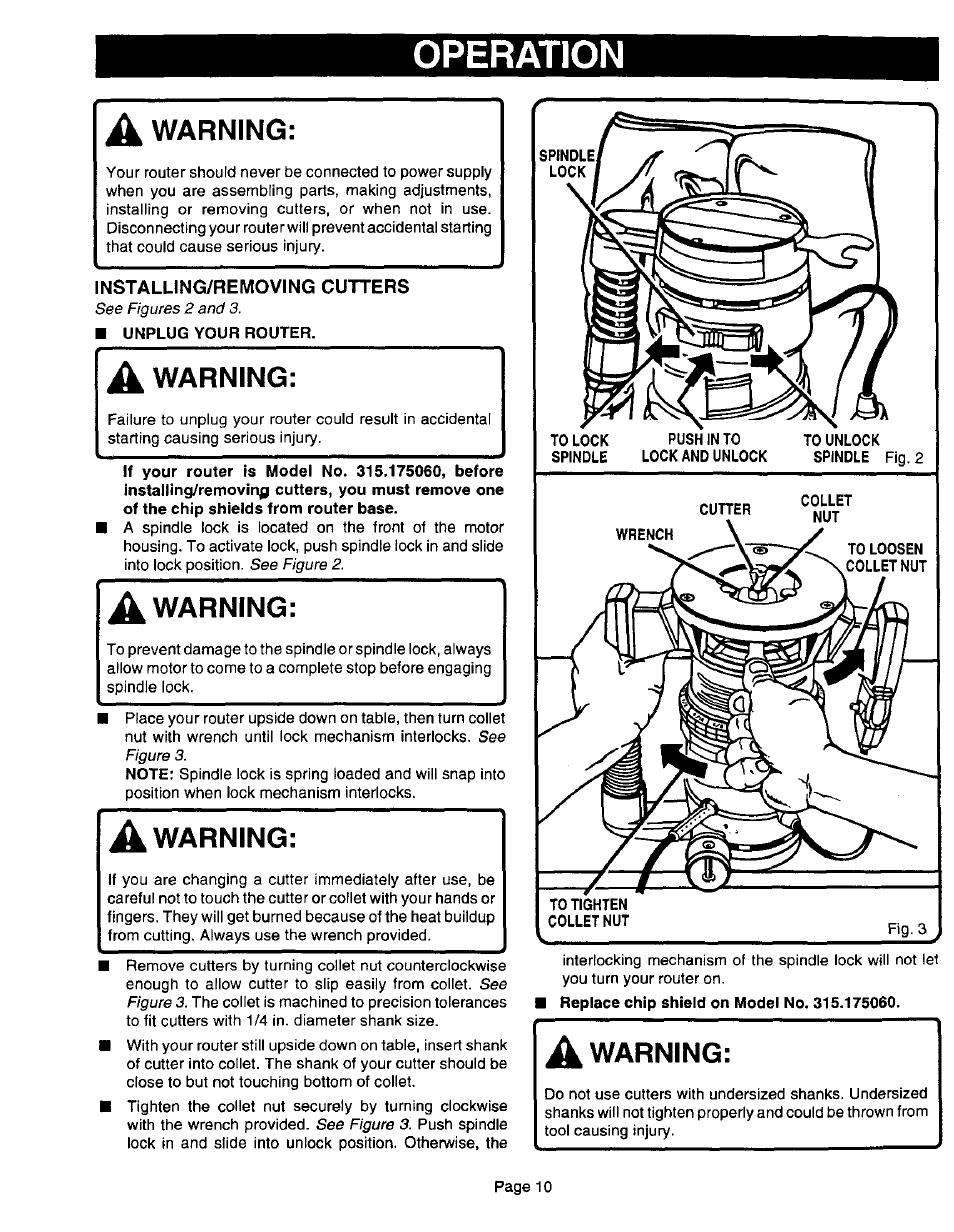 A warning, Installing/removing cutters, Operation | Warning | Sears 315.17506 User Manual | Page 10 / 28