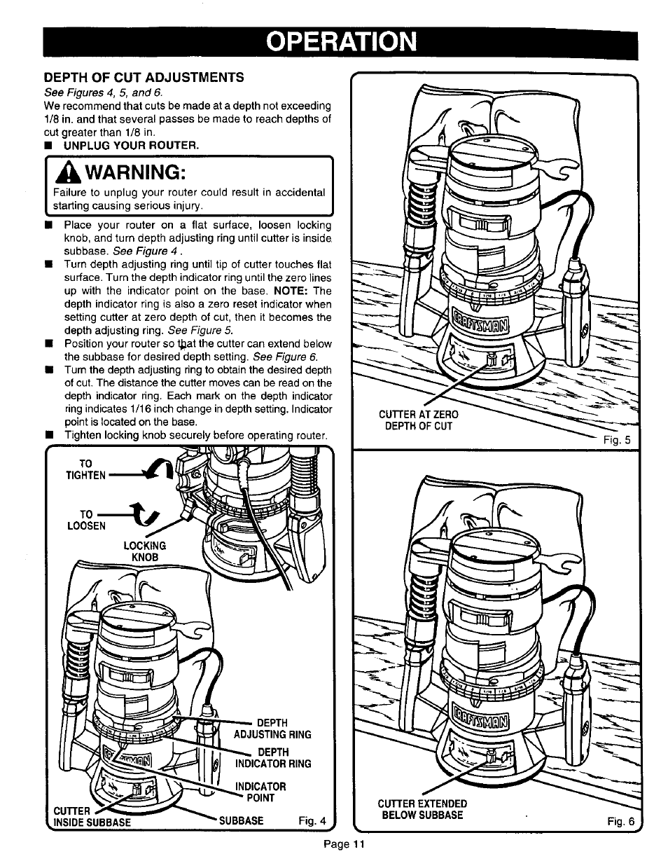 Depth of cut adjustments, Warning, Operation | Sears 315.17506 User Manual | Page 11 / 28