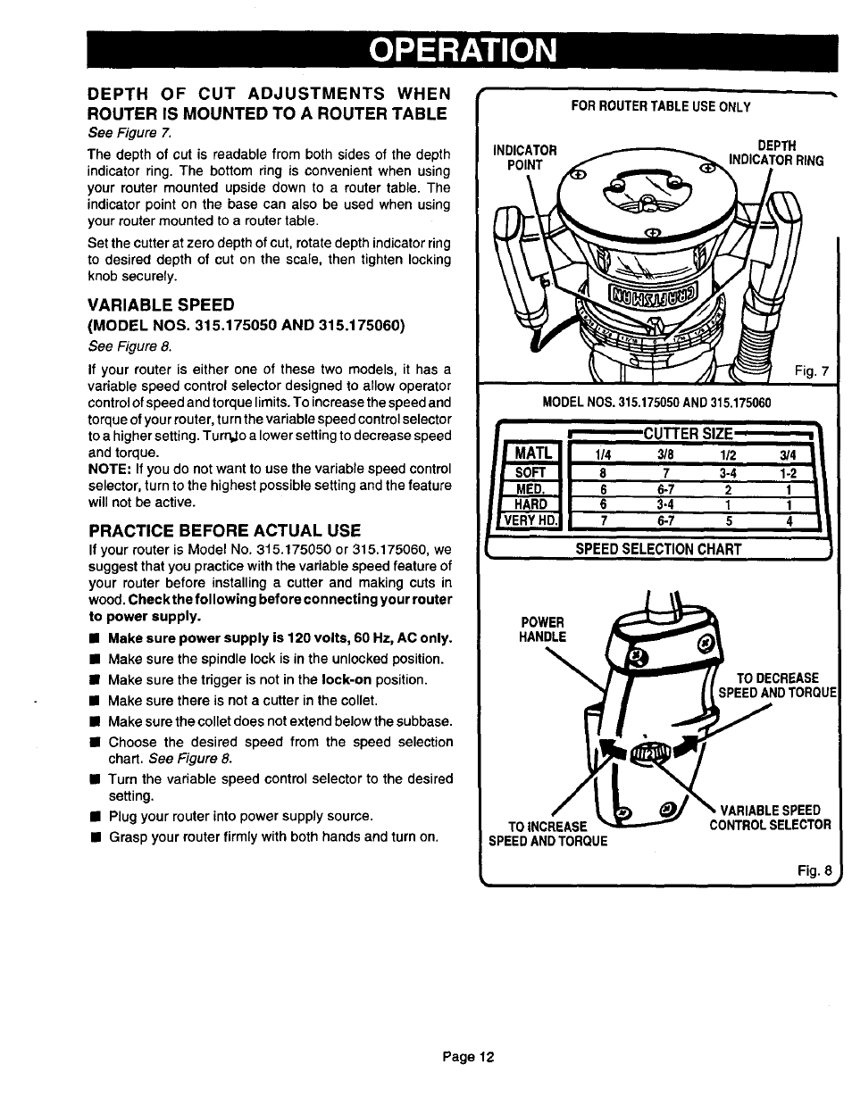 Variable speed, Practice before actual use, Operation | Cutter size- matl | Sears 315.17506 User Manual | Page 12 / 28