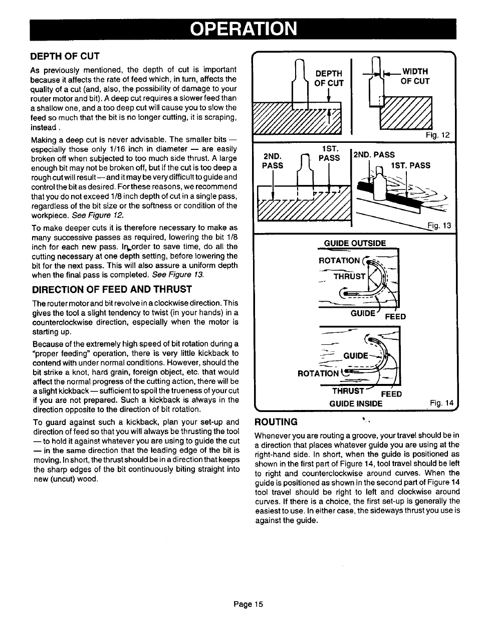 Depth of cut, Direction of feed and thrust, Operation | Sears 315.17506 User Manual | Page 15 / 28