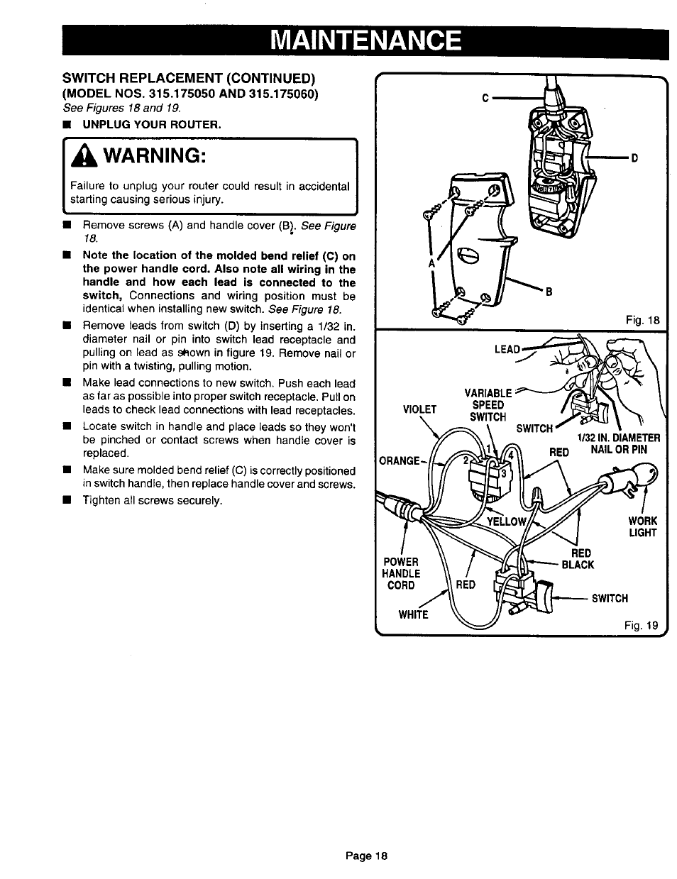 Switch replacement (continued), Maintenance, A warning | Sears 315.17506 User Manual | Page 18 / 28