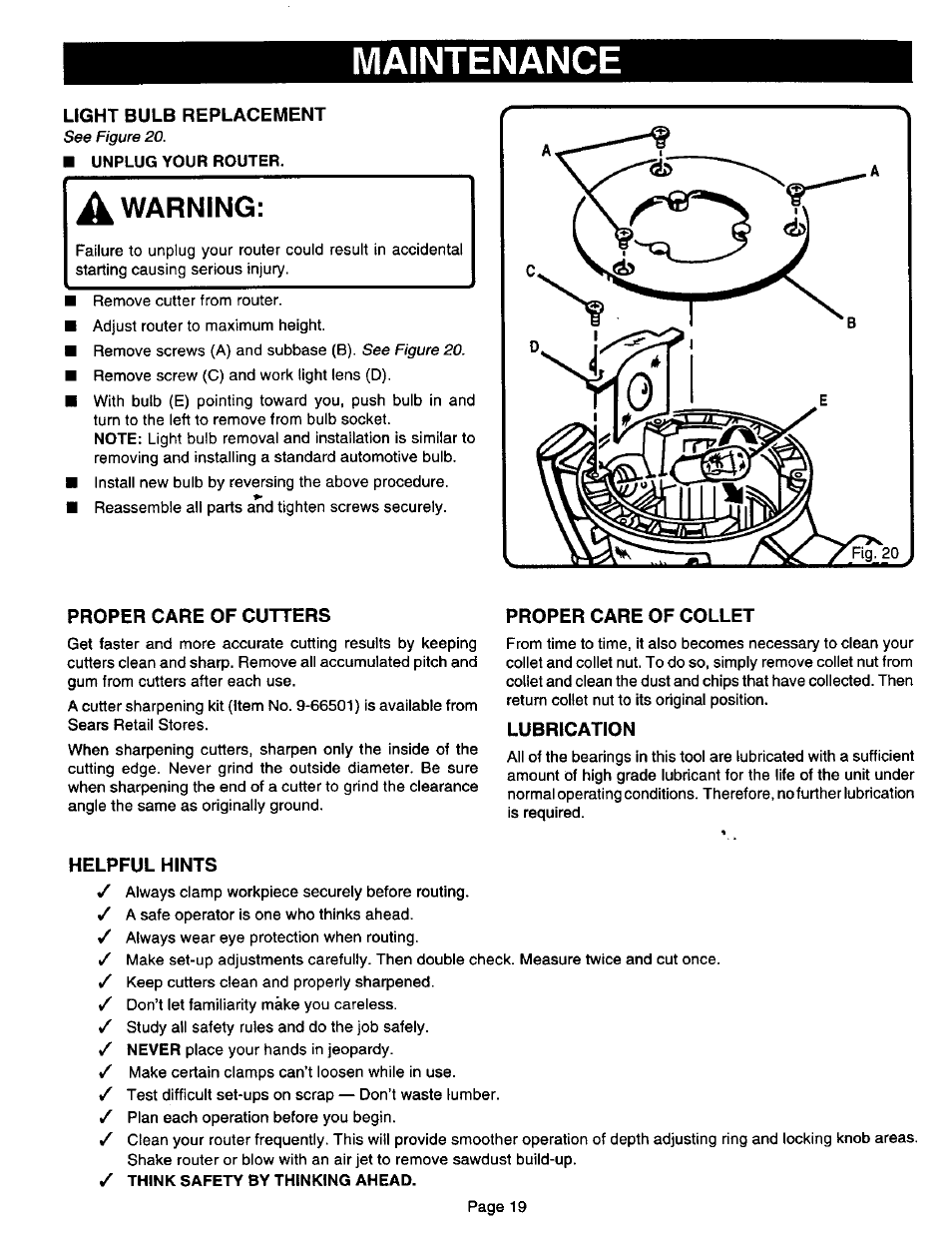 Proper care of cutters, Proper care of collet, Lubrication | Helpful hints, Maintenance, Warning, Light bulb replacement | Sears 315.17506 User Manual | Page 19 / 28