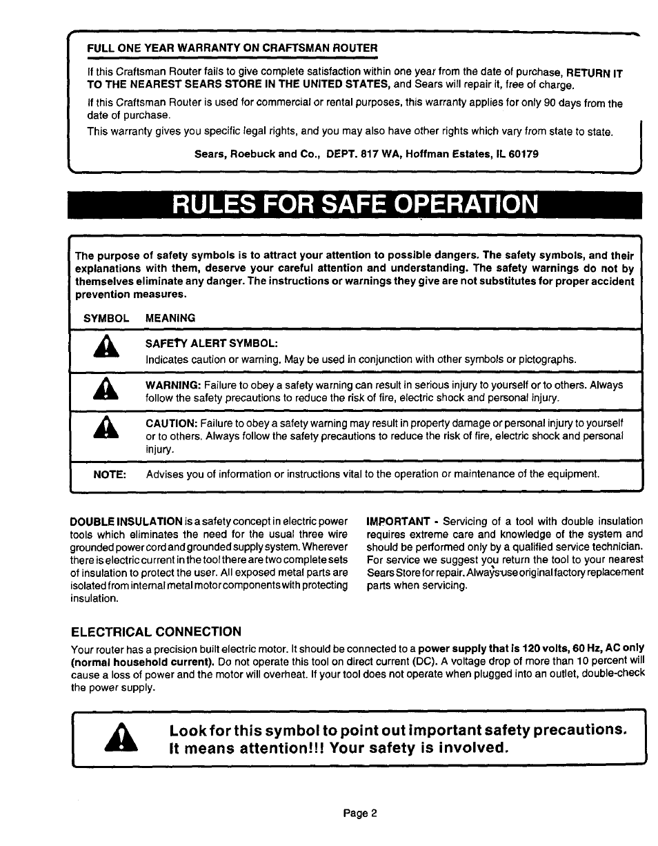 Rules for safe operation, Electrical connection | Sears 315.17506 User Manual | Page 2 / 28