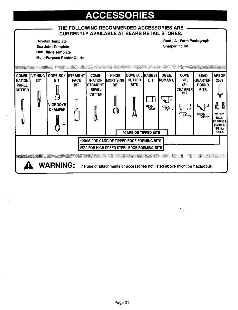 Accessories, Warning | Sears 315.17506 User Manual | Page 21 / 28