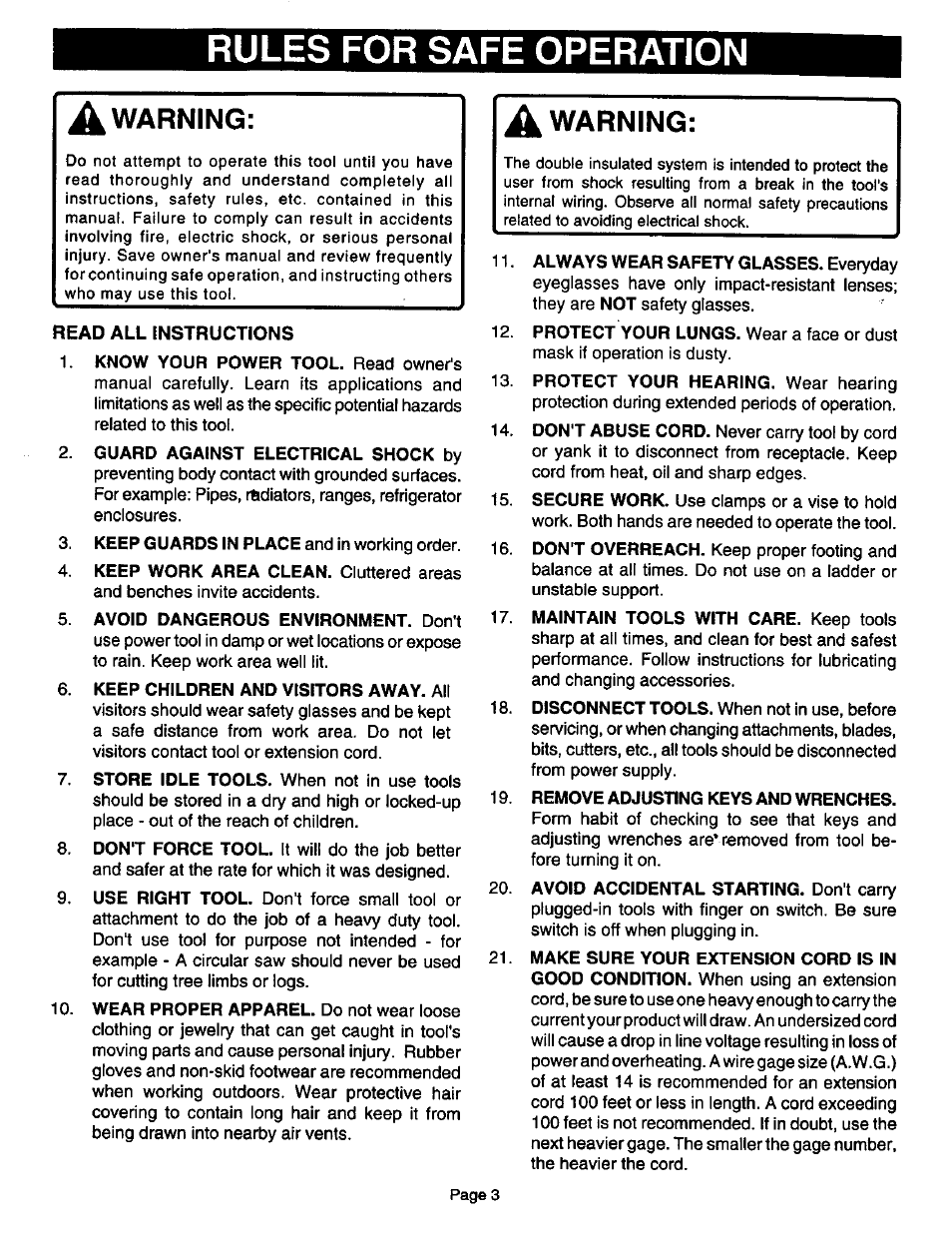 Rules for safe operation, A warning, Read all instructions | Warning, Working order. 4, Cluttered areas and benches invite accidents. 5, Safety glasses. ' 12, Wear a face or dust mask if operation is dusty. 13 | Sears 315.17506 User Manual | Page 3 / 28