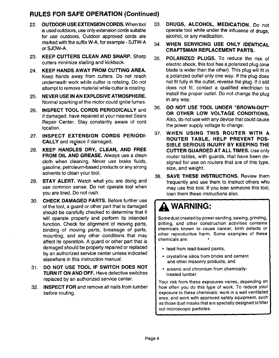 Rules for safe operation (continued), Warning | Sears 315.17506 User Manual | Page 4 / 28