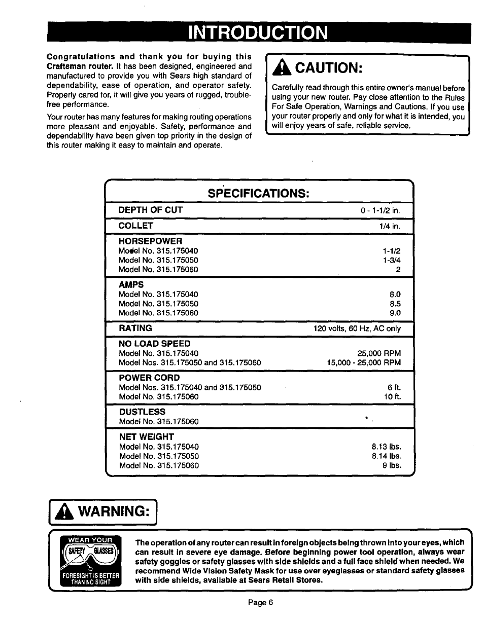 Introduction, A warning, Caution | Depth of cut, Collet, Horsepower, Amps, Rating, No load speed, Power cord | Sears 315.17506 User Manual | Page 6 / 28