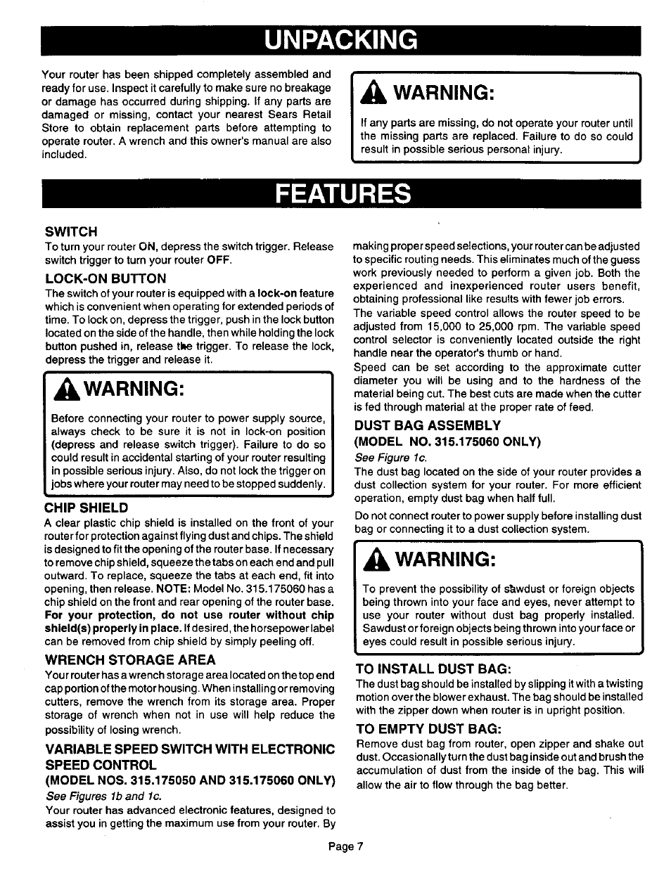 Switch, Lock-on button, Chip shield | Wrench storage area, Dust bag assembly, To install dust bag, To empty dust bag, Unpacking, Features, Warning | Sears 315.17506 User Manual | Page 7 / 28