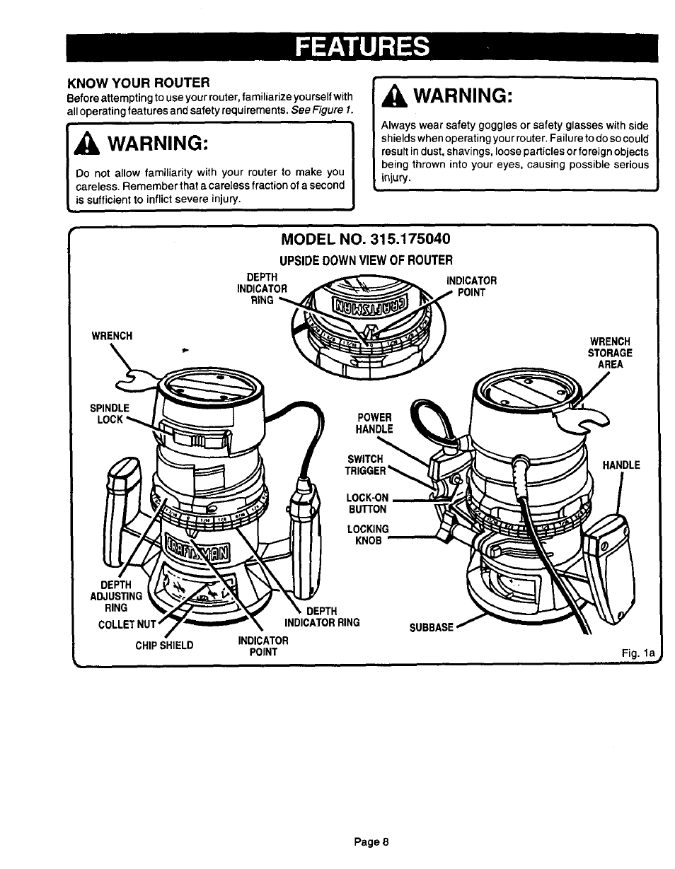 Features, Know your router, A warning | Warning, Model no. 315.175040 upside down view of router, Features -9, Upside down view of router | Sears 315.17506 User Manual | Page 8 / 28