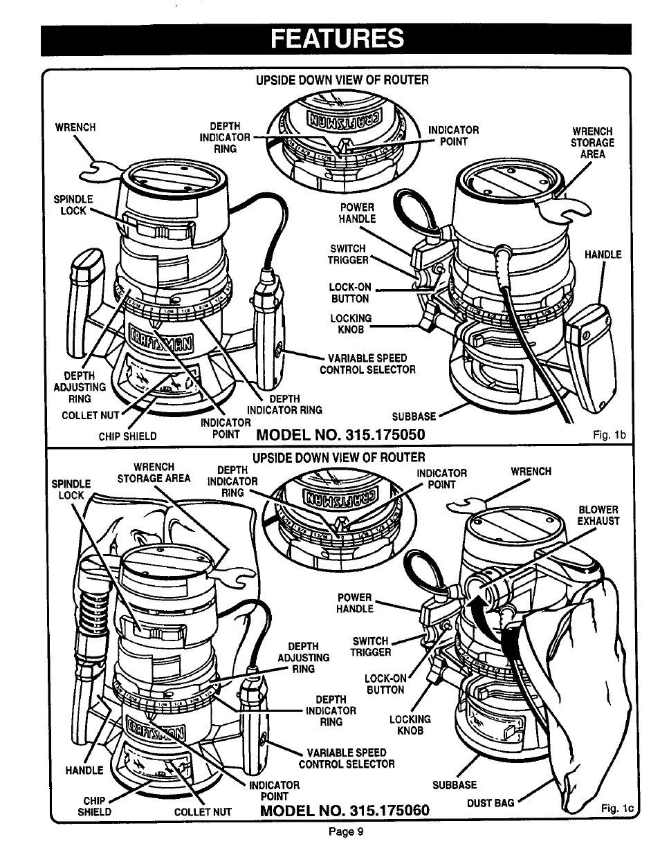 Features, Upside down view of router, Point model no. 315.175050 | Model no. 315.175040 | Sears 315.17506 User Manual | Page 9 / 28