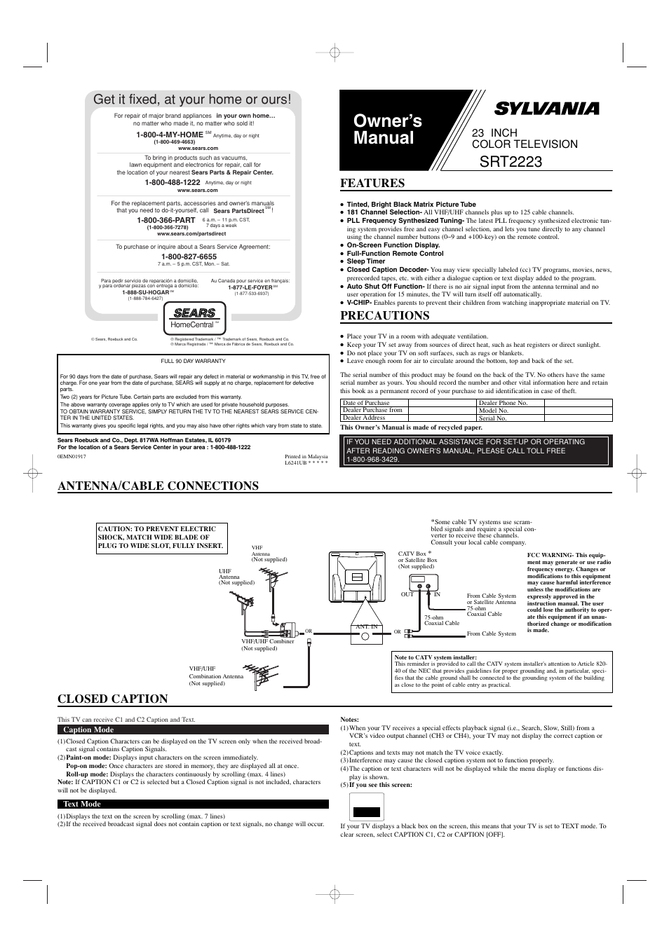 Sears SRT2223 User Manual | 8 pages