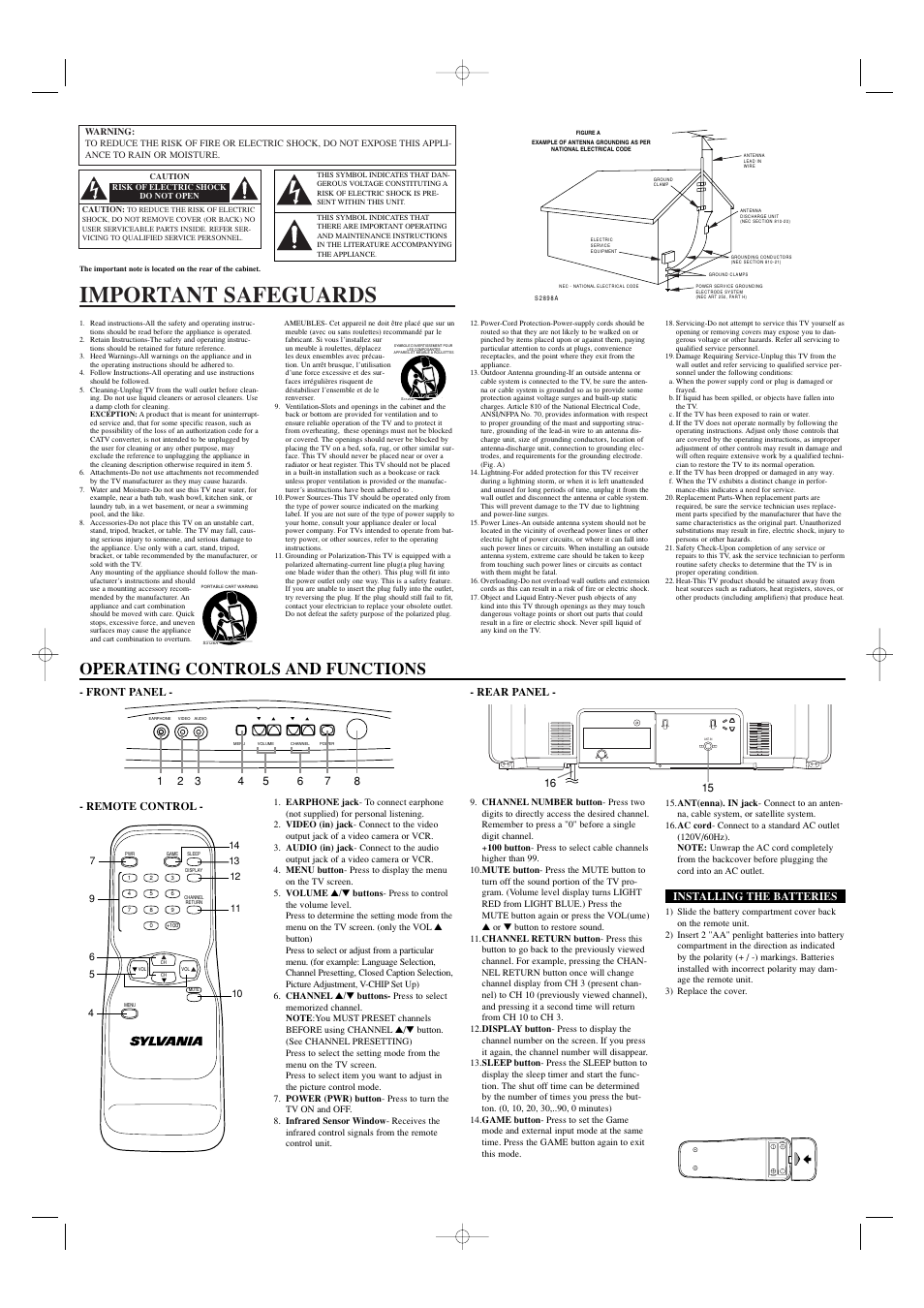 Important safeguards, Operating controls and functions, Front panel - - rear panel | Remote control, Installing the batteries | Sears SRT2223 User Manual | Page 2 / 8