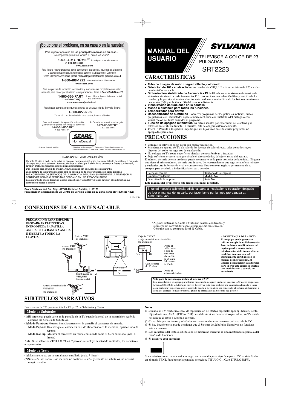 Manual del usuario, Srt2223, Conexiones de la antena/cable precauciones | Características, Subtitulos narrativos, Solucione el problema, en su casa o en la nuestra, Televisor a color de 23 pulgadas, Ant.in | Sears SRT2223 User Manual | Page 5 / 8