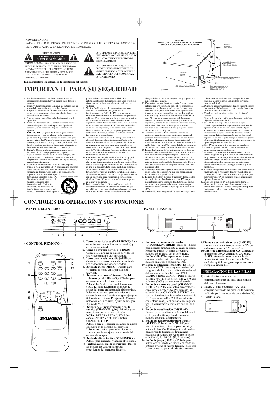 Importante para su seguridad, Controles de operación y sus funciones, 15 16 - panel delantero - - panel trasero | Control remoto, Instalacion de las pilas | Sears SRT2223 User Manual | Page 6 / 8