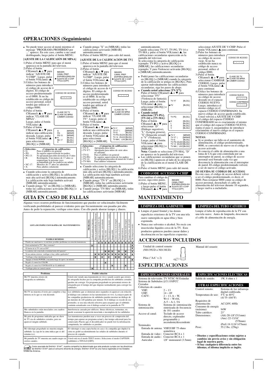 Especificaciones, Operaciones (seguimiento) | Sears SRT2223 User Manual | Page 8 / 8