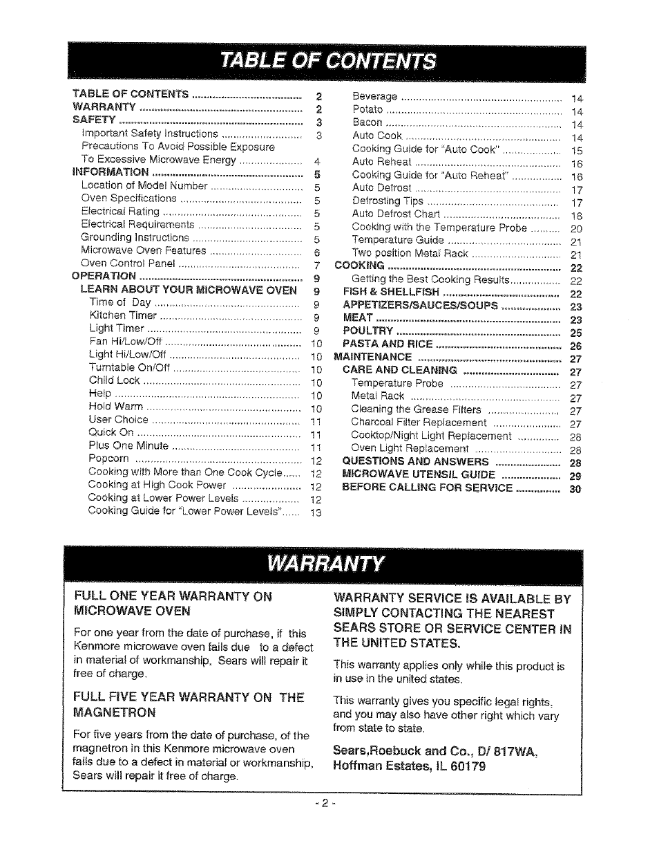 Table of q ents, Warranty, Full one year warranty on microwave oven | Full five year warranty on the magnetron | Sears 721.67601 User Manual | Page 2 / 52