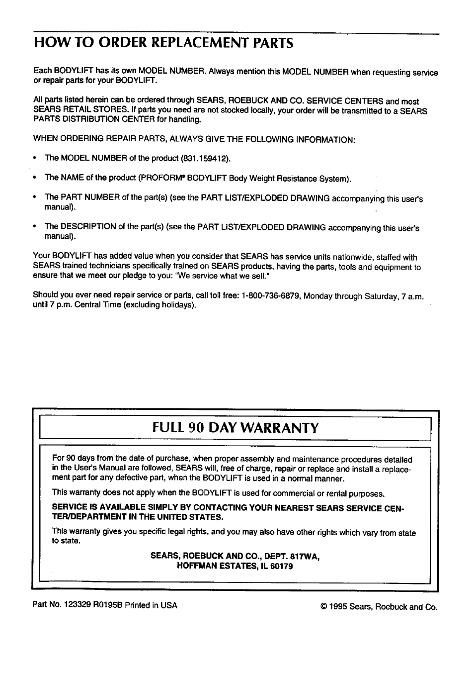 How to order replacement parts, Full 90 day warranty | Sears BODYLEFT 831.159412 User Manual | Page 18 / 18