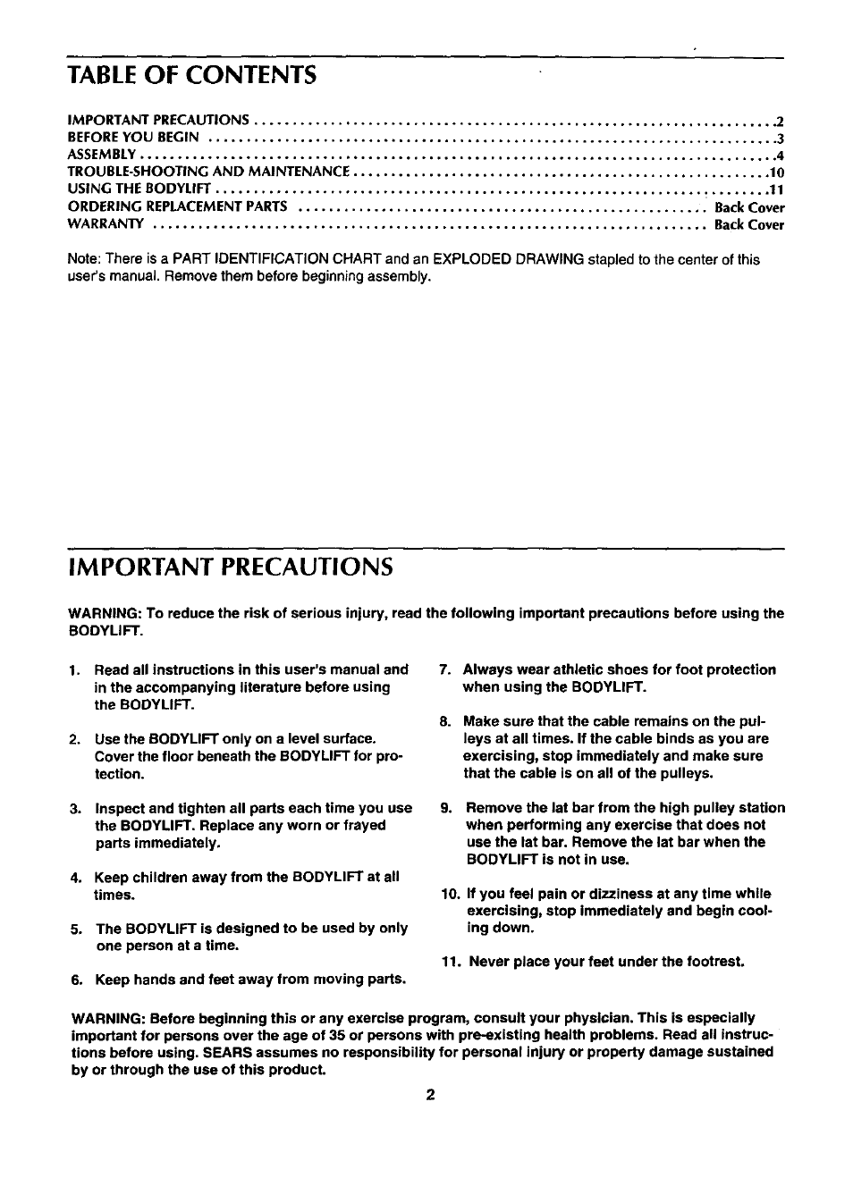 Sears BODYLEFT 831.159412 User Manual | Page 2 / 18