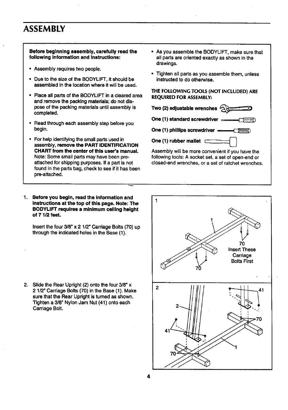 Assembly, Before beginning assembly, carefully read the, Two (2) adjustable wrenches | One (1) standard screwdriver, One (1) phillips screwdriver, One (1) rubber mallet i | Sears BODYLEFT 831.159412 User Manual | Page 4 / 18