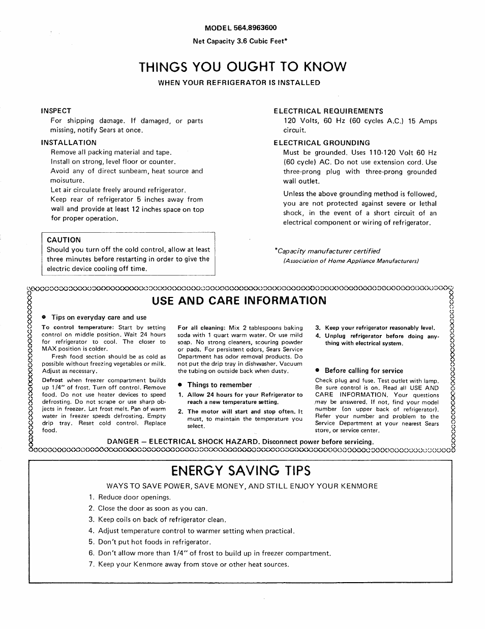 Use and care information, Things you ought to know, Energy saving tips | Sears 564.89636 User Manual | Page 2 / 4