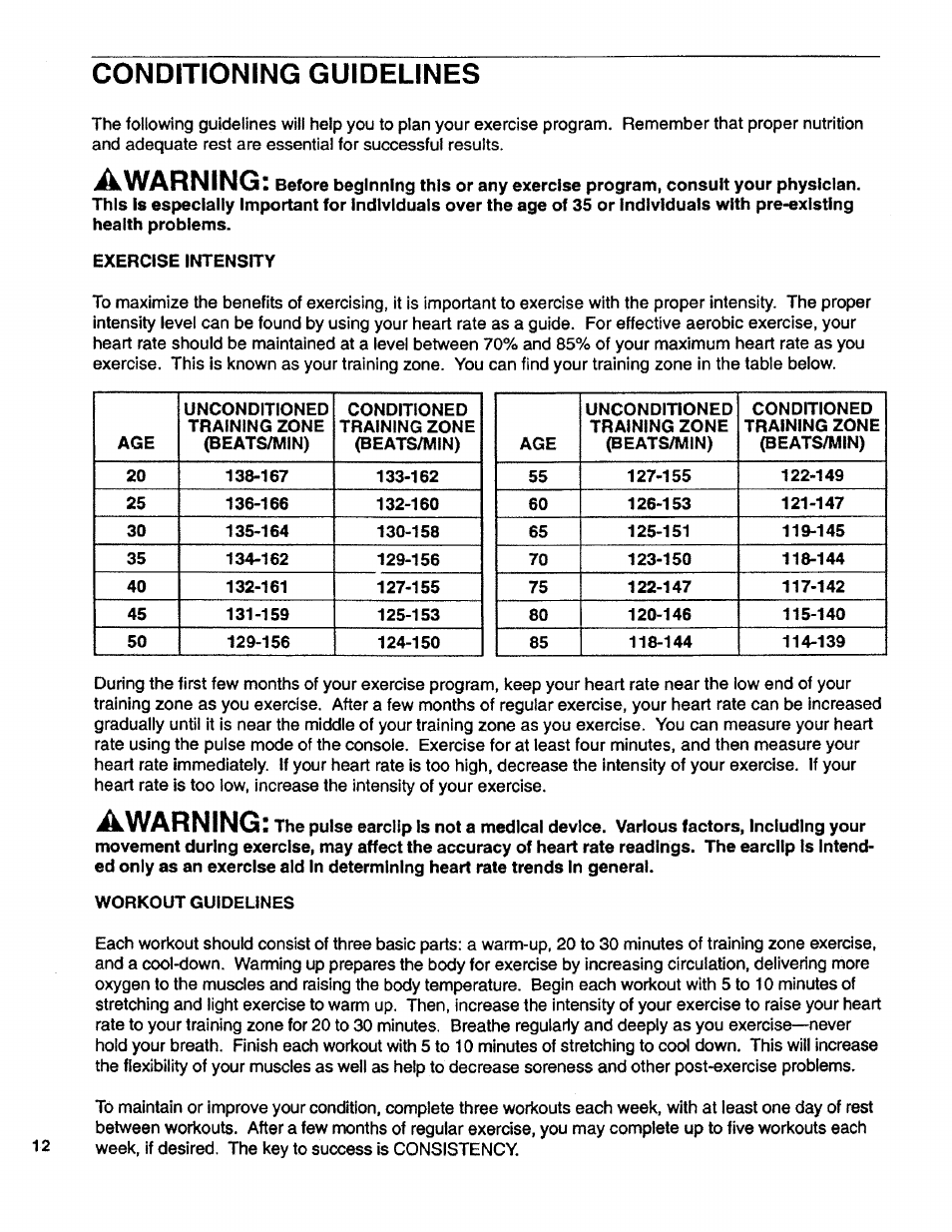 Conditioning guidelines, Exercise intensity, Workout guidelines | Awarning | Sears 831.29725 User Manual | Page 12 / 16