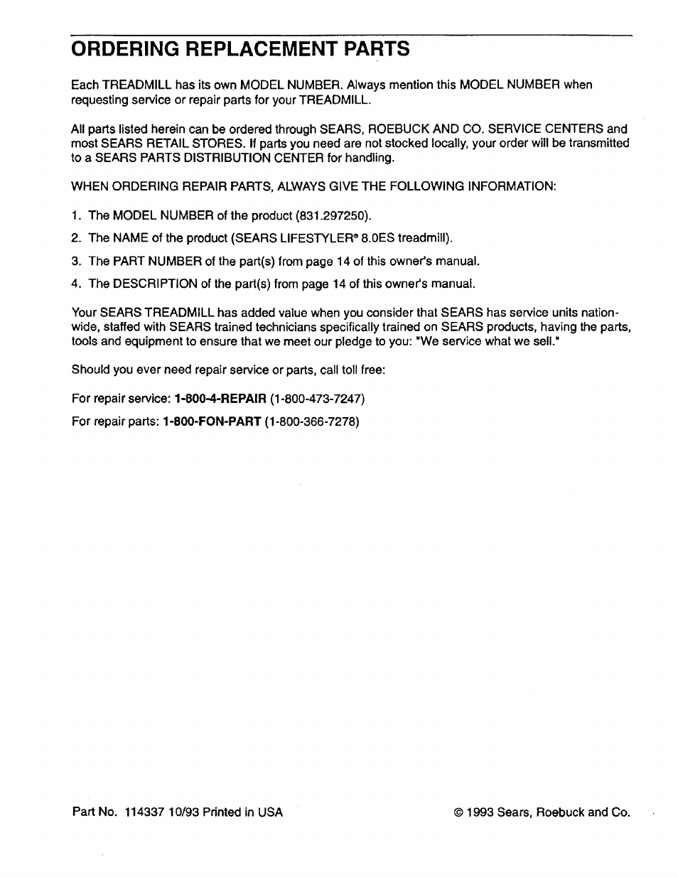 Ordering replacement parts | Sears 831.29725 User Manual | Page 16 / 16