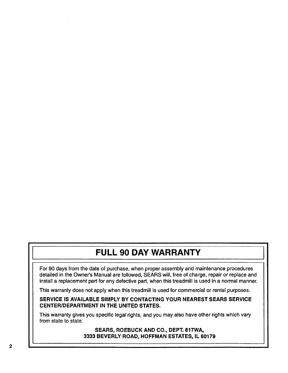 Full 90 day warranty, Sears, roebuck and co., dept. 817wa, 3333 beverly road, hoffman estates, il 60179 | Sears 831.29725 User Manual | Page 2 / 16