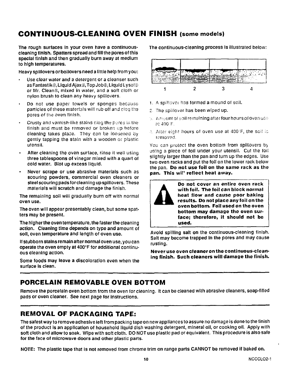 Porcelain removable oven bottom, Removal of packaging tape, Continuous-cleaning oven finish | Sears 30229 User Manual | Page 11 / 16