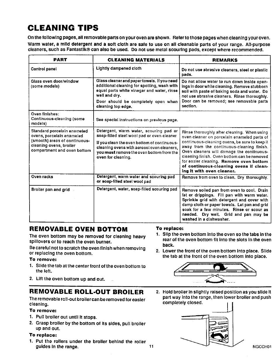 Cleaning tips, Removable oven bottom, To replace | Removable roll-out broiler 2 | Sears 30229 User Manual | Page 12 / 16