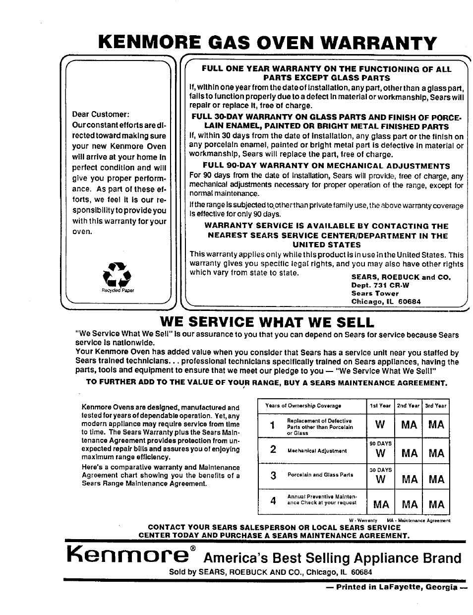 Kenmore gas oven warranty, We service what we sell, America’s best selling appliance brand | Kenmore, Wma ma | Sears 30229 User Manual | Page 16 / 16