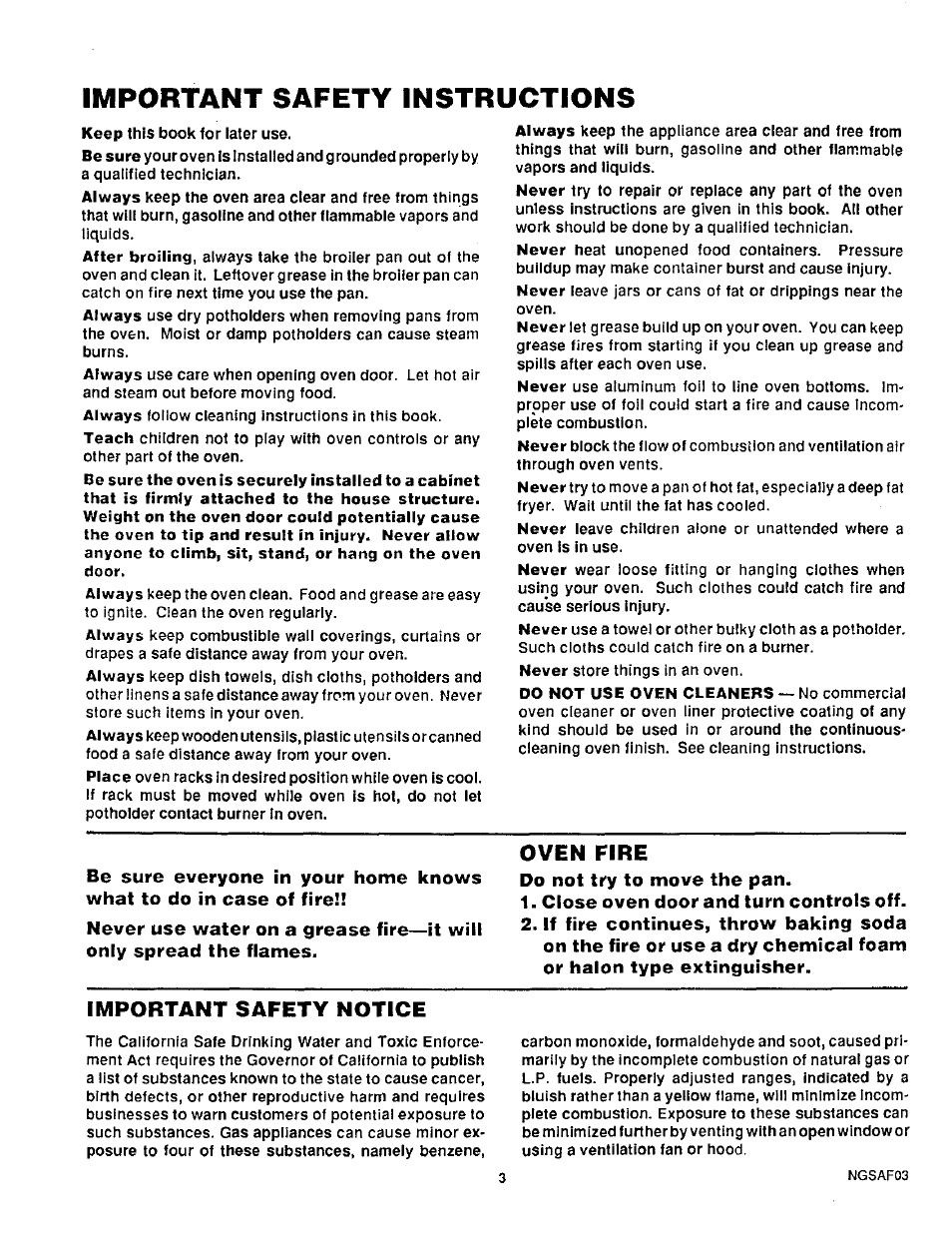 Important safety instructions, Oven fire, Do not try to move the pan | Close oven door and turn controls off, Important safety notice | Sears 30229 User Manual | Page 4 / 16