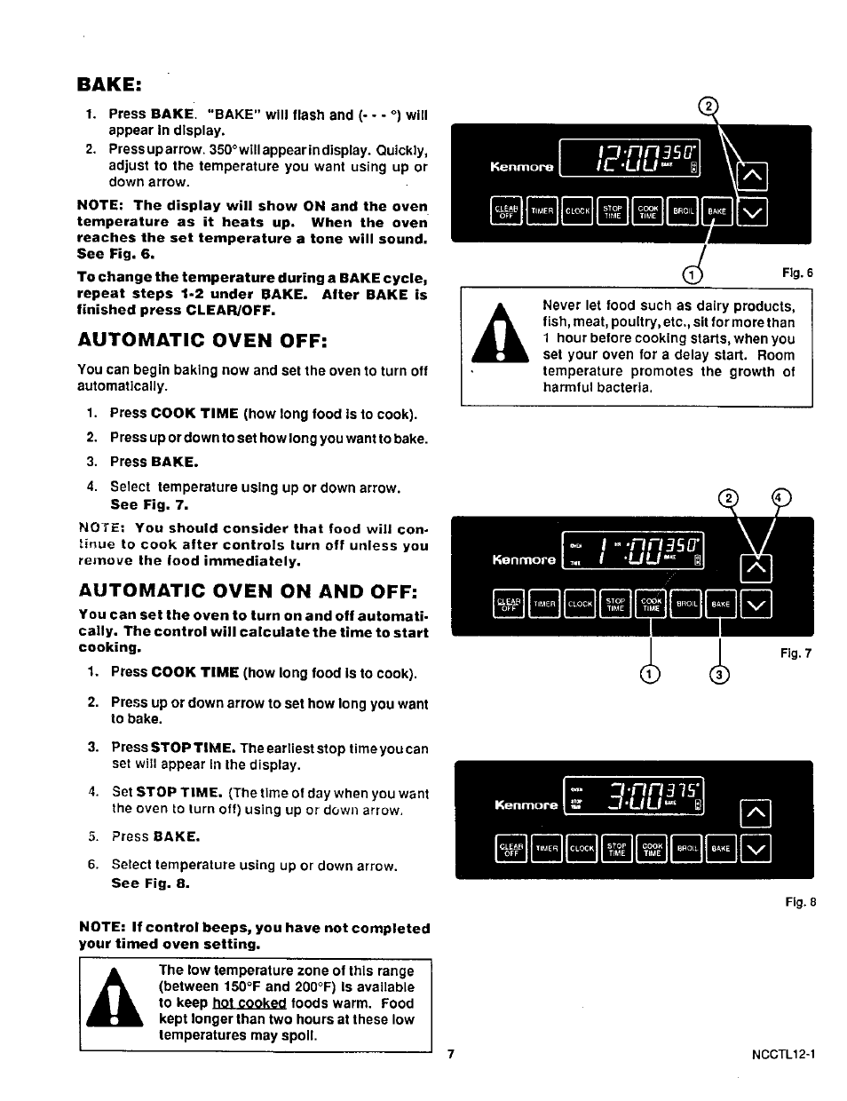 Bake, Automatic oven off, Automatic oven on and off | Sears 30229 User Manual | Page 8 / 16