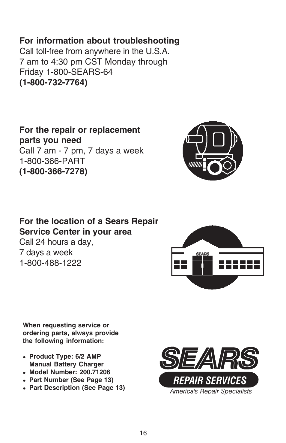 Repair services | Sears 200.71206 User Manual | Page 16 / 16