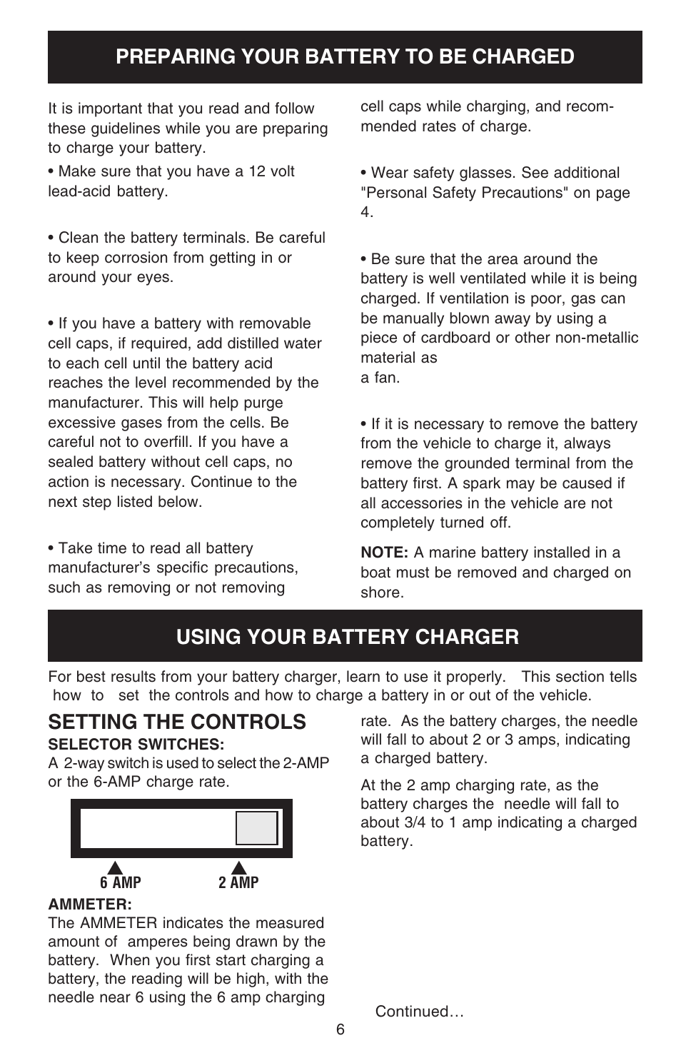Using your battery charger, Setting the controls | Sears 200.71206 User Manual | Page 6 / 16