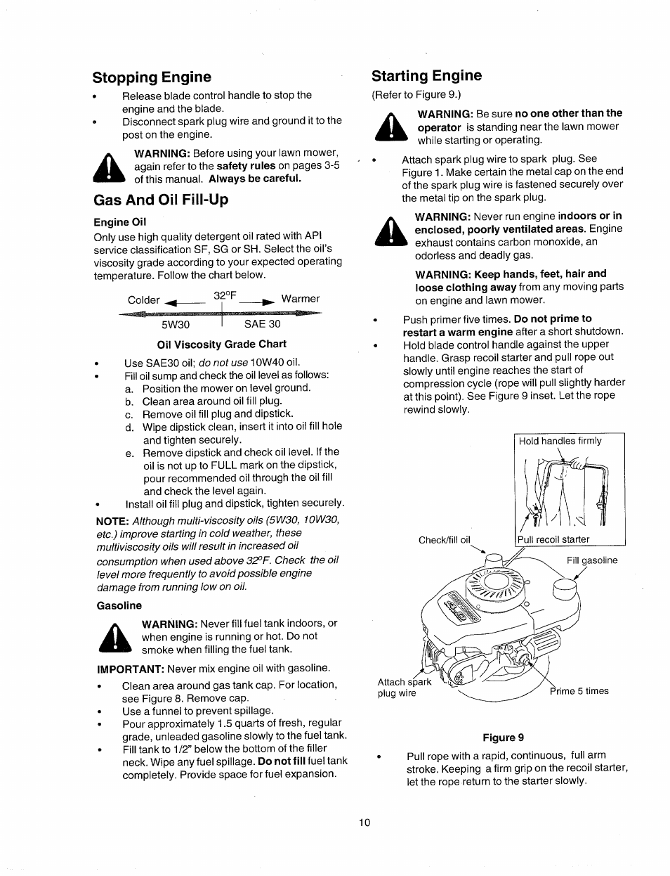 Stopping engine, Gas and oil fill-up, Engine oil | Oil viscosity grade chart, Gasoline, Starting engine | Sears 247.38824 User Manual | Page 10 / 44