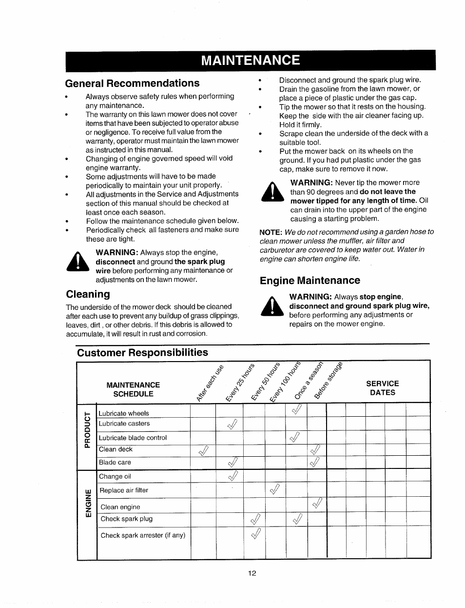 General recommendations, Cleaning, Engine maintenance | Customer responsibilities, Maintenance, Schedule, Service, Dates | Sears 247.38824 User Manual | Page 12 / 44