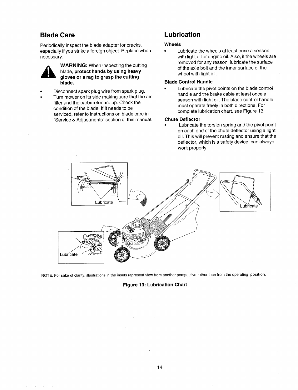 Wheels, Blade control handle, Chute deflector | Blade care lubrication | Sears 247.38824 User Manual | Page 14 / 44