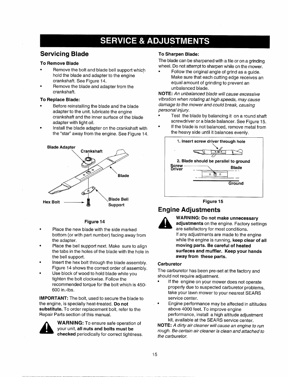 Servicing blade, To remove blade, To sharpen blade | Figure 15, Engine adjustments, Carburetor, Service & adjustments | Sears 247.38824 User Manual | Page 15 / 44