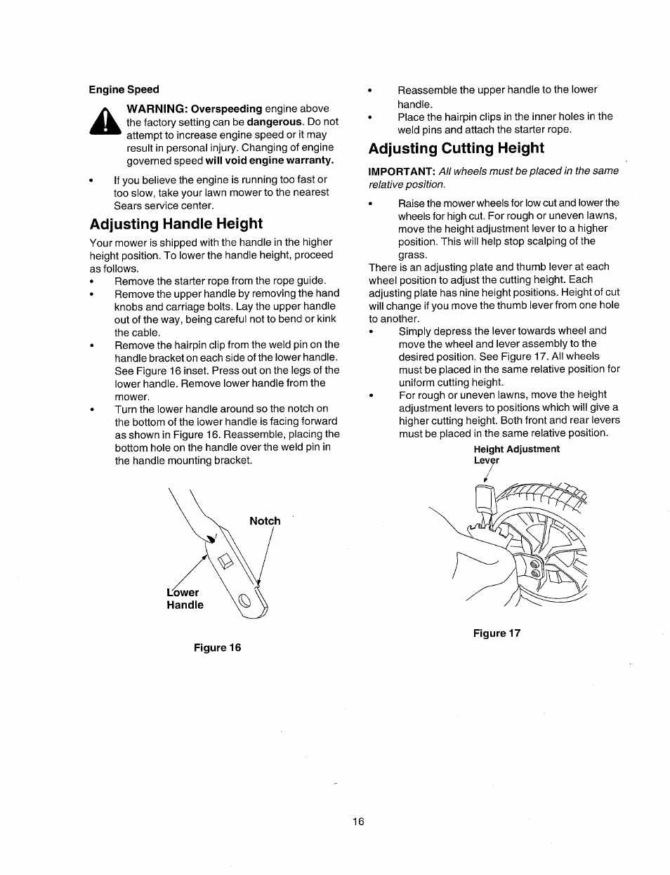 Adjusting handle height, Adjusting cutting height | Sears 247.38824 User Manual | Page 16 / 44